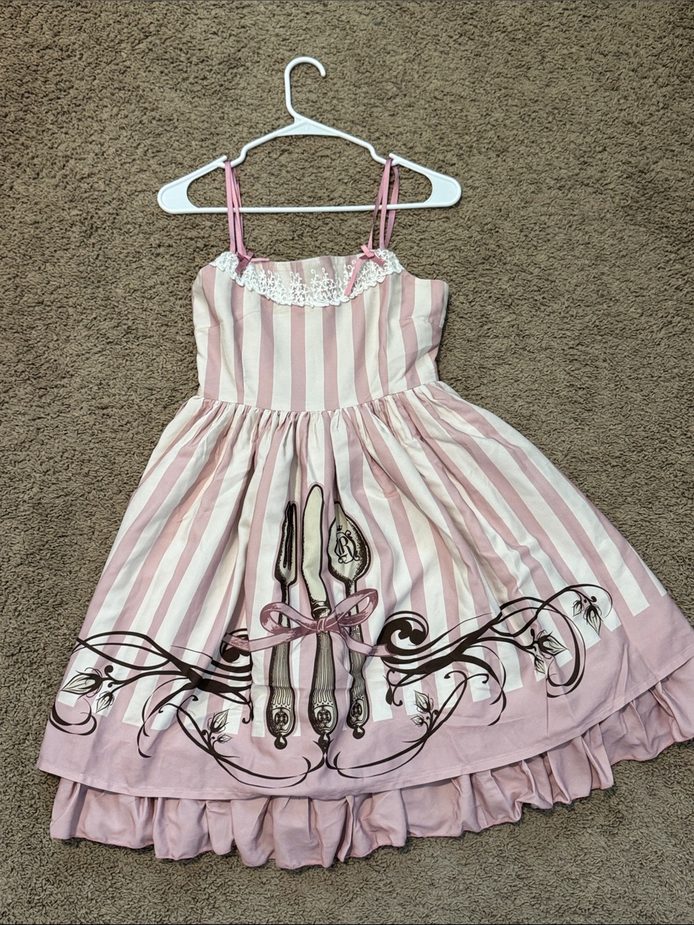 R Series Gothic Lolita Punk Oh My Glutton Pink Cream Striped with Cutlery Motif